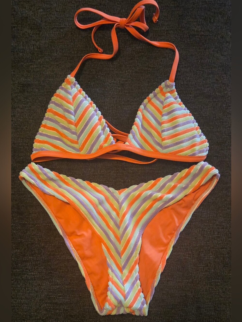 aerie Orange Multi-Color Striped Triangle Cheeky Bikini. Size M